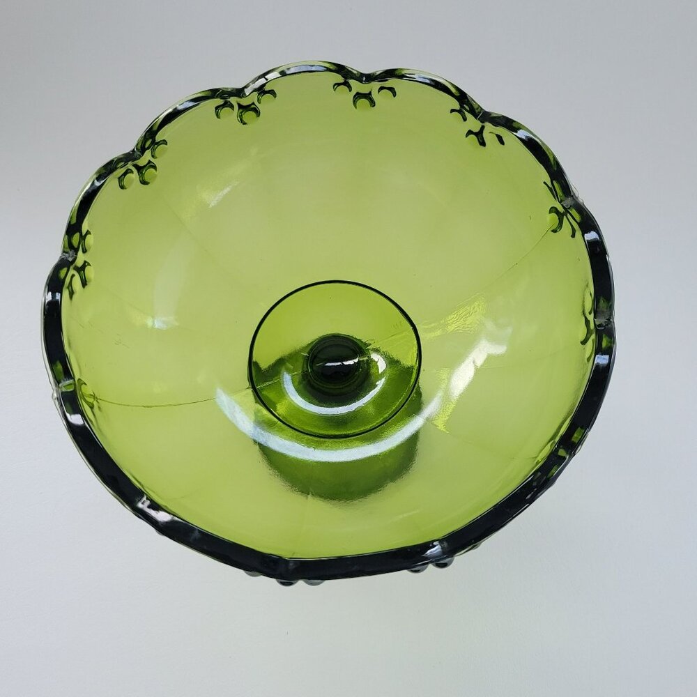 Vintage Indiana Glass Garland Pedestal Compote Dish, Avocado Green Teardrop Edge - Picture 7 of 10
